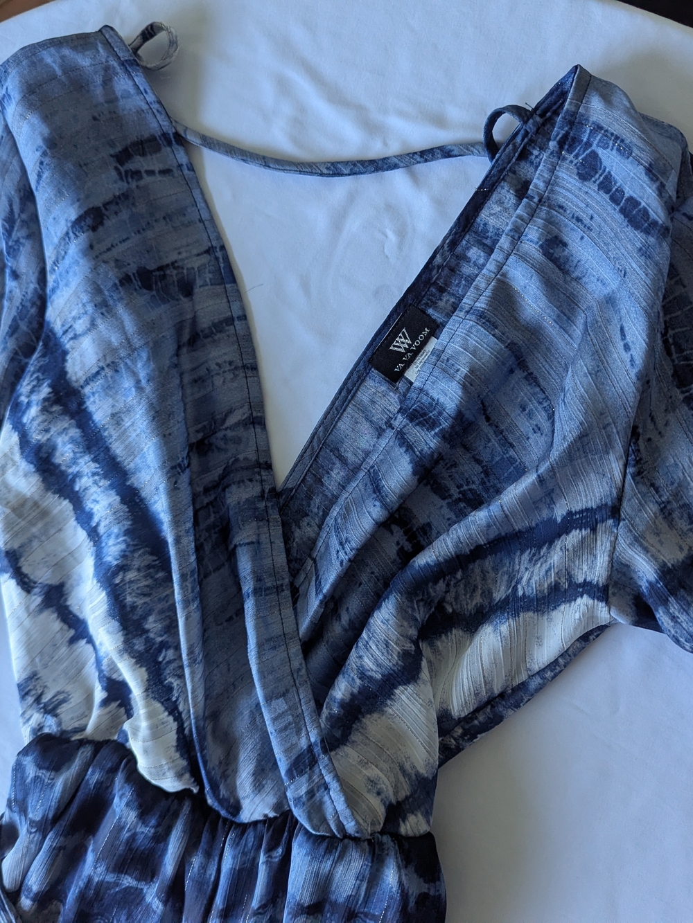 Va Va Voom Blue and White Tie-Dye Wide-Leg Jumpsuit Flowy Shimmer - Picture 10 of 10
